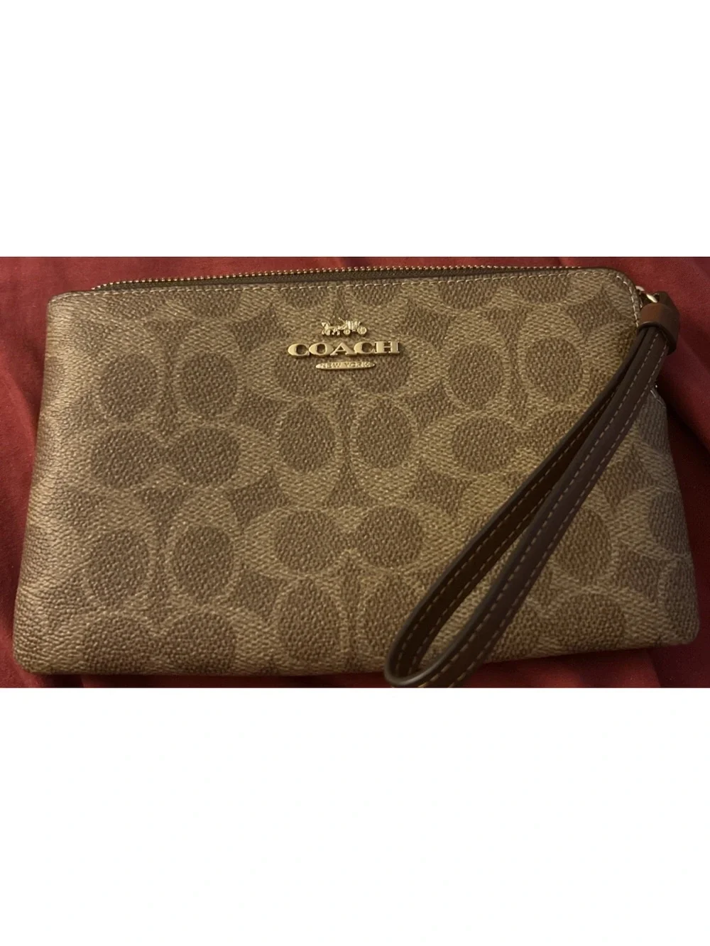 Coach Tan Signature Canvas Zip Wristlet with Gold Logo